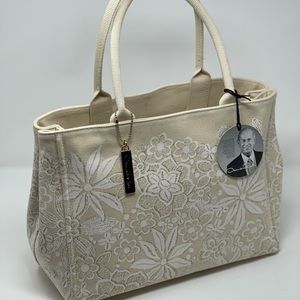 OSCAR DE LA RENTA NATURAL COATED CANVAS TOTE HANDBAG